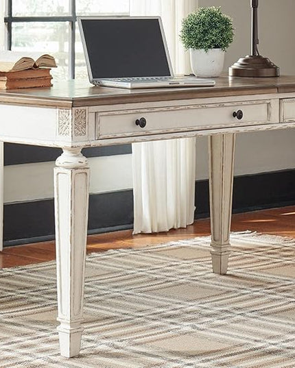 Signature Design by Ashley Realyn French Country 60" Home Office Lift Top Desk with USB Charging, Chipped White and 3 Drawer Nightstand with Electrical Outlets & USB Ports, Chipped White - LeafyLoom