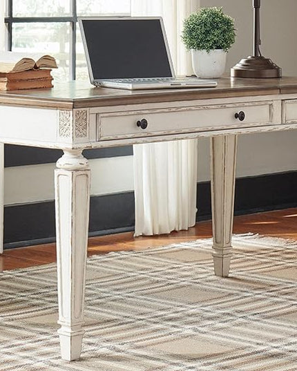 Signature Design by Ashley Realyn French Country 60" Home Office Lift Top Desk with USB Charging, Chipped White - LeafyLoom