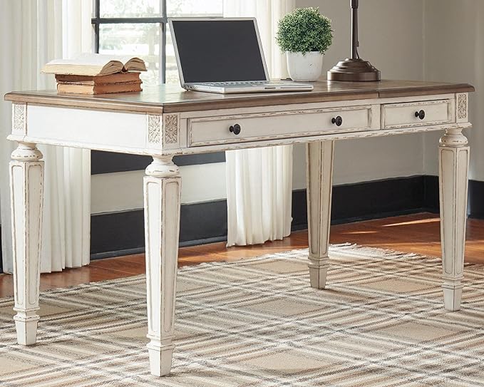 Signature Design by Ashley Realyn French Country 60" Home Office Lift Top Desk with USB Charging, Chipped White - LeafyLoom