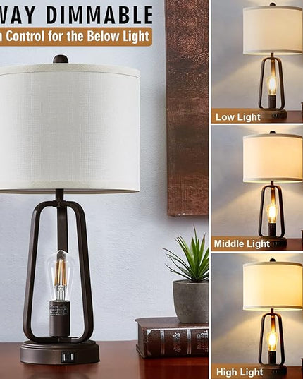 Luvkczc Modern Farmhouse Table Lamp Set of 2, Table Lamps with USB Port, 3-Way Dimmable Bedside Touch Lamp with Rotary Switch, Rustic Industrial Lamps for Bedroom Living Room, Bulbs Included - LeafyLoom