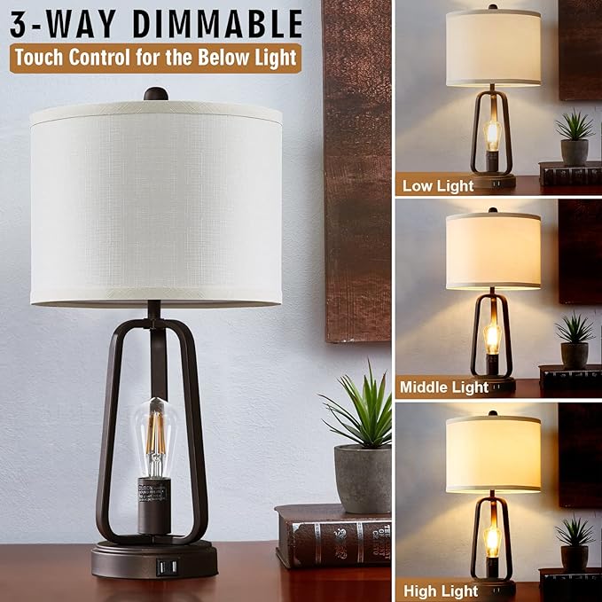 Luvkczc Modern Farmhouse Table Lamp Set of 2, Table Lamps with USB Port, 3-Way Dimmable Bedside Touch Lamp with Rotary Switch, Rustic Industrial Lamps for Bedroom Living Room, Bulbs Included - LeafyLoom