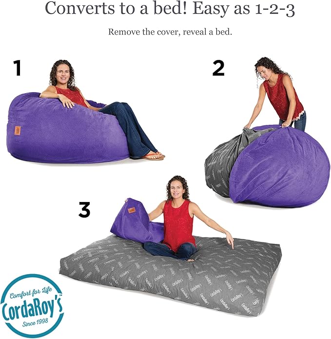 CordaRoy's Chenille Bean Bag - Convertible Bean Bag Chair & Bed - Machine-Washable Chenille Fabric Cover - for Basement, Living Room, Game Room, Dorm & More - Queen Size - Very Peri Purple - LeafyLoom