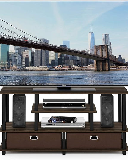Furinno JAYA Large Stand for up to 50-Inch TV, Columbia Walnut/Black/Dark Brown - LeafyLoom