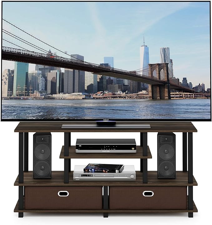 Furinno JAYA Large Stand for up to 50-Inch TV, Columbia Walnut/Black/Dark Brown - LeafyLoom