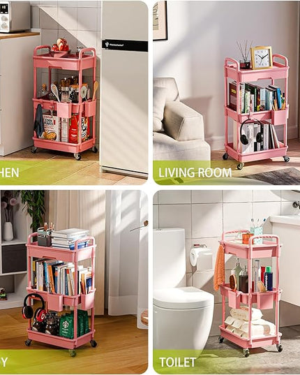 3 Tier Small Rolling Cart Organizer,Laundry Room Bathroom Organizers and Storage Office Shelves Mobile Shelving Unit Kitchen Trolley Cart with Wheels for Art,Craft,Diaper,Bedside,Snack(Pink) - LeafyLoom