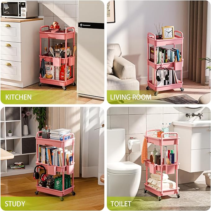 3 Tier Small Rolling Cart Organizer,Laundry Room Bathroom Organizers and Storage Office Shelves Mobile Shelving Unit Kitchen Trolley Cart with Wheels for Art,Craft,Diaper,Bedside,Snack(Pink) - LeafyLoom