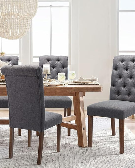 COLAMY Button Tufted Dining Chairs Set of 4, Parsons Upholstered Fabric Dining Room Chairs Kitchen Chairs with Wood Legs and Padded Seat, Dark Grey - LeafyLoom