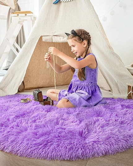 Purple Round Rug for Bedroom, Super Fluffy Circle Rugs for Baby Nursery, 5'X5' Feet Furry Carpet for Children Kids Room, Cute Soft Shaggy Rug for Girls Home Decor, Fuzzy Plush Carpets for Dorm - LeafyLoom
