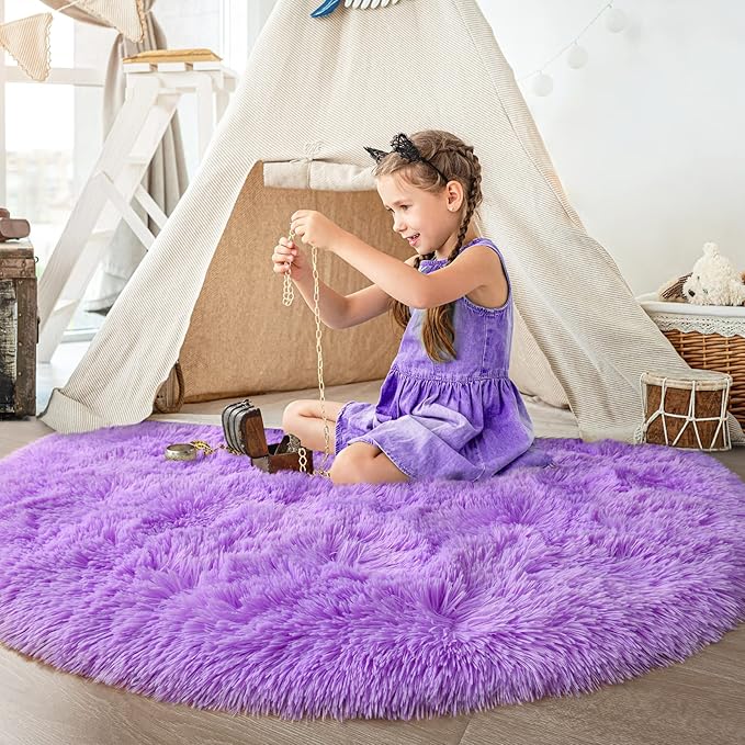 Purple Round Rug for Bedroom, Super Fluffy Circle Rugs for Baby Nursery, 5'X5' Feet Furry Carpet for Children Kids Room, Cute Soft Shaggy Rug for Girls Home Decor, Fuzzy Plush Carpets for Dorm - LeafyLoom