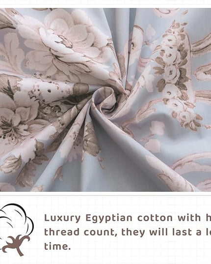 QSH Floral King Size Sheet Sets - 100% Egyptian Cotton Floral Bedding Sheets Blue Vintage Paisley Flower Pattern Printed Bedding King Size Bed Sheets 17.5" Extra Deep Pocket 4pcs - LeafyLoom