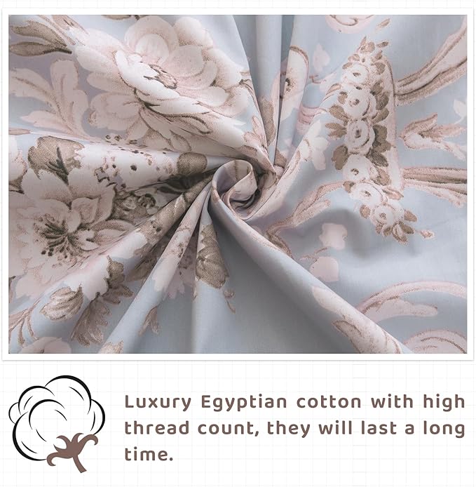 QSH Floral King Size Sheet Sets - 100% Egyptian Cotton Floral Bedding Sheets Blue Vintage Paisley Flower Pattern Printed Bedding King Size Bed Sheets 17.5" Extra Deep Pocket 4pcs - LeafyLoom