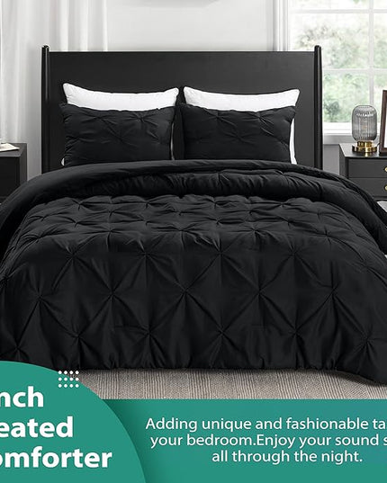 downluxe Pintuck Queen Comforter Set with 2 Pillow Shams - 3-Piece - Black Queen Bed Comforter Set for All Seasons, Pinch Pleat Microfiber Down Alternative Bedding Comforter Sets - LeafyLoom