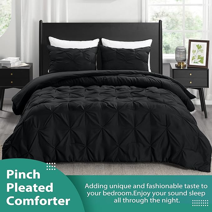 downluxe Pintuck Queen Comforter Set with 2 Pillow Shams - 3-Piece - Black Queen Bed Comforter Set for All Seasons, Pinch Pleat Microfiber Down Alternative Bedding Comforter Sets - LeafyLoom