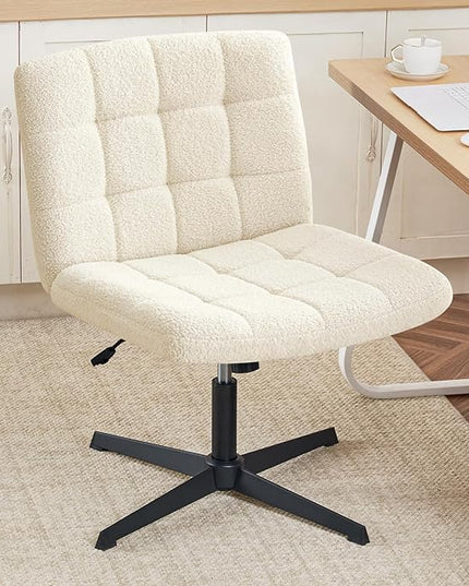 Furniliving Home Office Desk Chair No Wheels, Criss Cross Legged Wide Chair Armless Height Adjustable Chair with Mid Back Swivel Accent Vanity Chairs, Sherpa-IvoryWhite - LeafyLoom