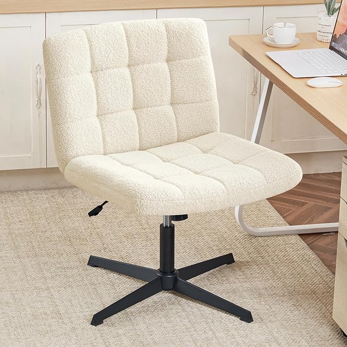 Furniliving Home Office Desk Chair No Wheels, Criss Cross Legged Wide Chair Armless Height Adjustable Chair with Mid Back Swivel Accent Vanity Chairs, Sherpa-IvoryWhite - LeafyLoom