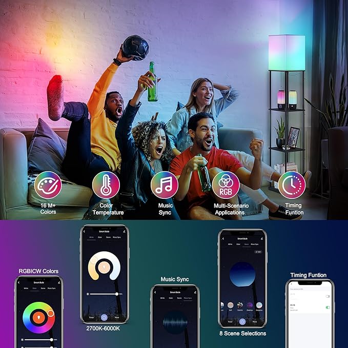 SUNMORY Floor Lamp with Shelves, Smart APP Control Standing Lamp with RGB Bulb, 4-Tier Dimmable Floor Lamps for Living Room, Tall Lamp for Bedroom, Office, Corner Display Bookshelf Lamp - LeafyLoom