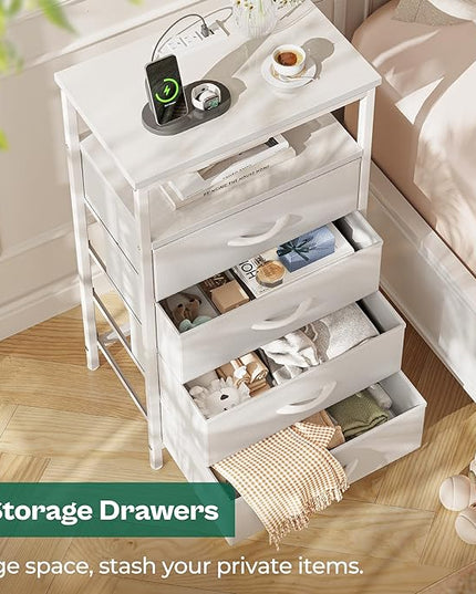 Night Stand with Charging Station, Multiple Drawer Dresser for Bedroom, Bedside Table, Tall Nightstand with PU Leather Finish, Open Shelf, End Table, for Closet, Entryway, Bedroom, White - LeafyLoom