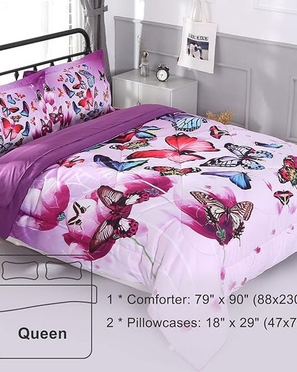 ENCOFT Butterfly Comforter Queen Size, 3 Pieces Girls Teen Kids Quilted Bedspread Queen Bed Comforter Bedding Sets, All Seasons Microfiber Purple Butterfly Bedding Set, with Pillowcase - LeafyLoom