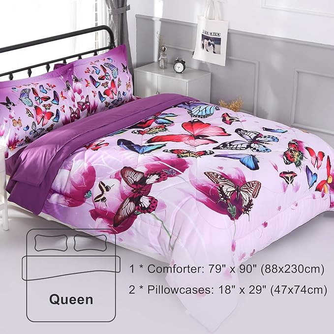 ENCOFT Butterfly Comforter Queen Size, 3 Pieces Girls Teen Kids Quilted Bedspread Queen Bed Comforter Bedding Sets, All Seasons Microfiber Purple Butterfly Bedding Set, with Pillowcase - LeafyLoom