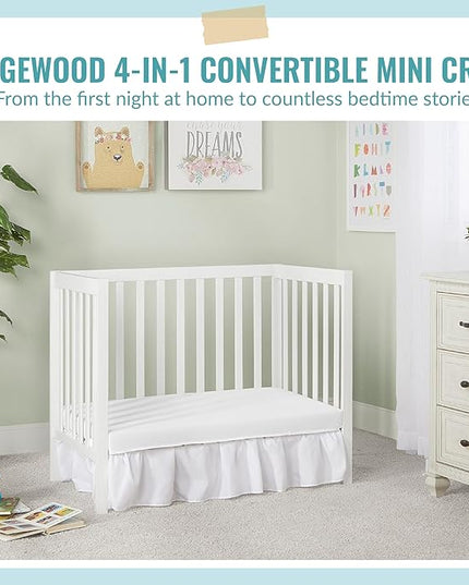 Edgewood 4-In-1 Convertible Mini Crib In White, JPMA Certified, Non-Toxic Finish, New Zealand Pinewood, With 3 Mattress Height Settings, Included 1" Mattress Pad - LeafyLoom