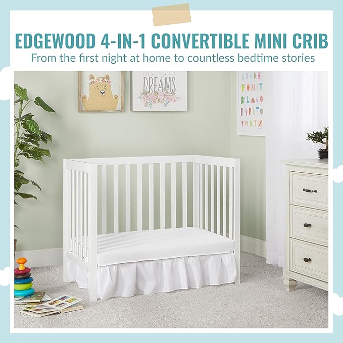 Edgewood 4-In-1 Convertible Mini Crib In White, JPMA Certified, Non-Toxic Finish, New Zealand Pinewood, With 3 Mattress Height Settings, Included 1" Mattress Pad - LeafyLoom
