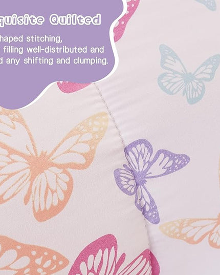 Butterfly Kids Comforter Set for Girls Full Size, Cute Reversible Quilted Lavender Printed Bedding Set with Pillow Sham, Lightweight Soft Breathable Machine Washable Bed Set 3 Piece - LeafyLoom