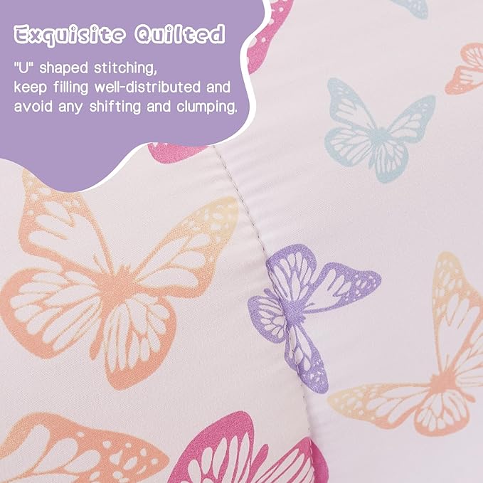 Butterfly Kids Comforter Set for Girls Twin, Cute Reversible Quilted Lavender Printed Bedding Set with Pillow Sham, Lightweight Soft Breathable Machine Washable Bed Set 2 Piece - LeafyLoom