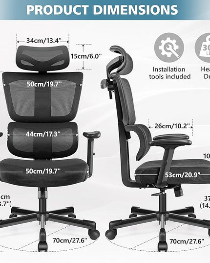 Primy Office Chair Ergonomic Desk Chair, High Back Computer Gaming Chair, Comfy Big and Tall Home Office Chair with Lumbar Support, Breathable Mesh Reclining Chair Adjustable Armrests Headrest(Black) - LeafyLoom