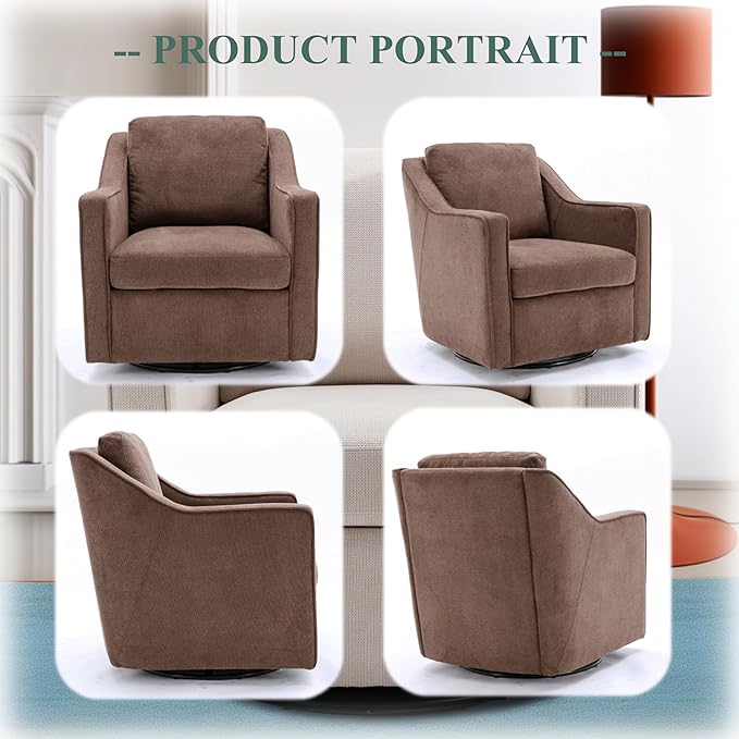 COLAMY 360° Swivel Accent Chair Set of 2, Upholstered Fabric Leisure Armchair with Lumbar Pillow for Living Room Bedroom Home Office, Brown - LeafyLoom