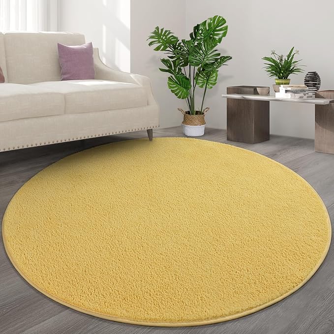 Round Area Rugs for Bedroom Living Room, 4x4 Yellow Super Soft Comfy Thickened Memory-Foam Indoor Circle Carpets, Modern Aesthetic Minimalist Carpet for Boys Girls Adults Nursery Home Décor - LeafyLoom