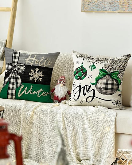 AVOIN colorlife Merry Christmas Joy Xmas Trees Green Throw Pillow Covers, 18 x 18 Inch Christmas Winter Holiday Cushion Case Decoration for Sofa Couch Set of 4 AVOINcolorlife