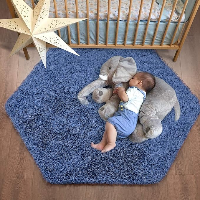 junovo Ultra Soft Rug for Nursery Children Room Baby Room Home Decor Dormitory Hexagon Carpet for Playhouse Princess Tent Kids Play Castle, Diameter 4.6 ft, Navy Blue - LeafyLoom