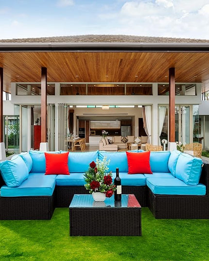 5 Pieces Outdoor Furniture PE Rattan Patio Sectional U Shaped Conversation Sofa Set with Table and 2 Pillows for Garden, Yark, Lawn, Backyard, Onesize, Black Wicker+Blue Cushion - LeafyLoom
