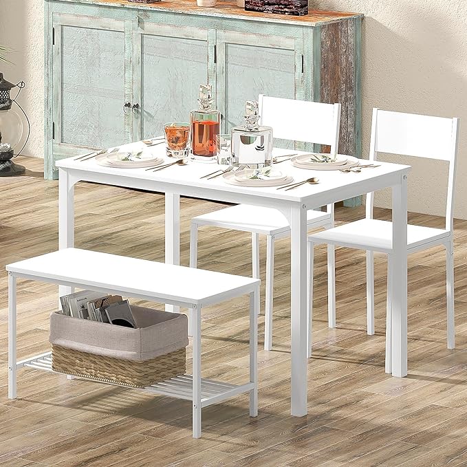 SogesHome Home Kitchen Table Set for 4, Compact Dining Table Chair Set, 4 Pieces Table Chair Bench Set for Small Place, Apartment, White - LeafyLoom