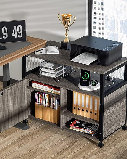 Lateral File Cabinets with Socket & USB Charging Station, Lockable Office File Cabinets Rolling Printer Stand with Open Storage Shelves for Home Office Organization & Storage - LeafyLoom