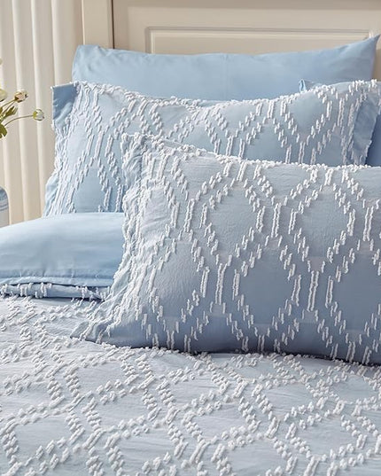 EMME Queen Comforter Set - 7 Pcs Blue Boho Bedding Sets, Full Size Tufted Comforter with Sheets, Shabby Chic Embroidery Queen Bed Set Fluffy Bed Bag for All Season(90"X90") - LeafyLoom