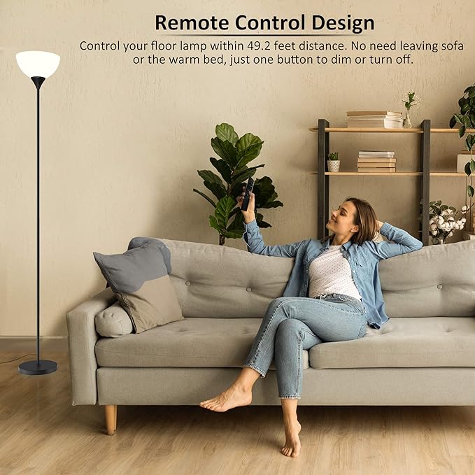 PESRAE Floor Lamp, Remote Control with Stpeless Color Temperatures and Brightness, Torchiere lamp for Bedroom, Living Room, Bulb Included (Matte Black) - LeafyLoom