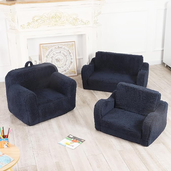 Kids Snuggly-Soft Sherpa Chair, Cuddly Toddler Foam Chair for Boys and Girls, Dark Blue - LeafyLoom