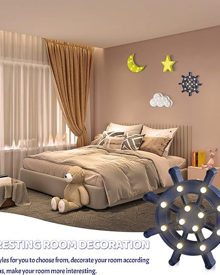 Blue Ship Wheel Wall Decor, Beach Themed Kids Room Decor, Battery Powered Rudder Night Light for Kids, Coastal Wall Decor, Ocean Decor, Coastal Decor - LeafyLoom
