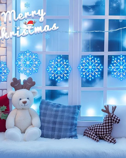 Christmas Snowflake Icicle Lights Outdoor - Plug-in 23.6ft 10 Drops 480LED Snowflake Window Lights, Connectable for Indoor Outdoor Porch Eaves Rooftops Canopy Christmas Decoration, Blue and White Brightown