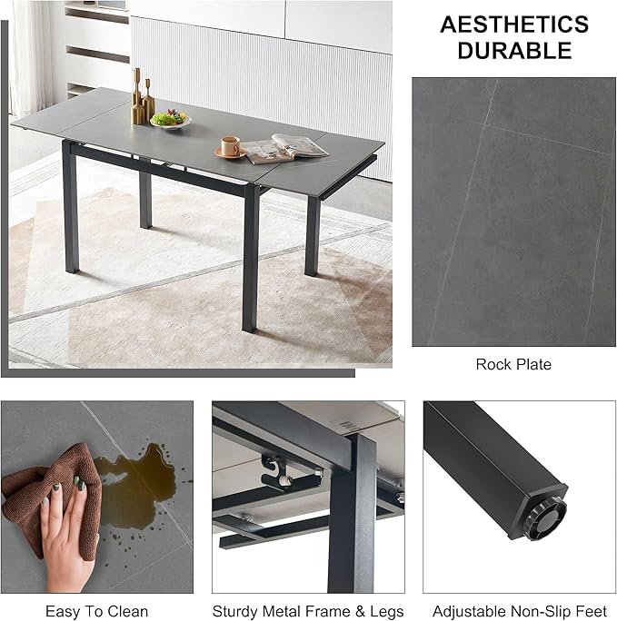 NicBex 43.31Inch Rectangular Expandable Dining Table,Minimalist Kitchen Table with Grey Ceramic Tabletop for 4 to 6,Dining Room Table for Kitchen,Small Space and Living Room,Space-Saving,Grey - LeafyLoom
