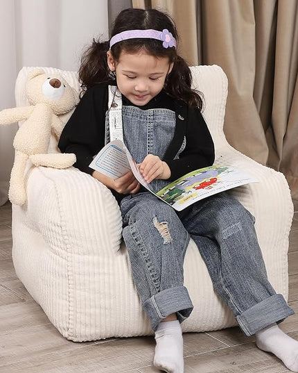 Kids Bean Bag Chair with a Plush Bear, Comfy Toddler Chair for Boys and Girls, Beige - LeafyLoom