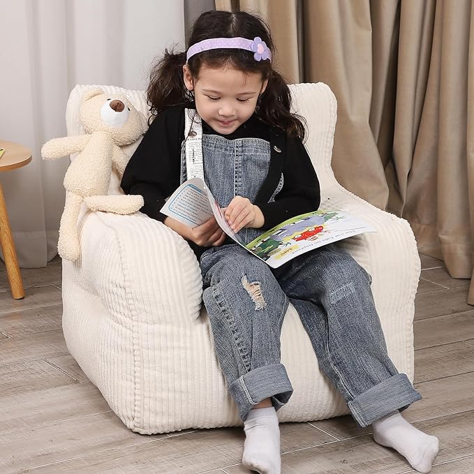 Kids Bean Bag Chair with a Plush Bear, Comfy Toddler Chair for Boys and Girls, Beige - LeafyLoom