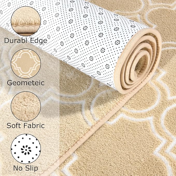 Chicrug Shag Geometric Modern Area Rug for Living Room, 3x5 Feet Large Memory Foam Indoor Carpet, Fluffy Rug for Bedroom Bedside Room Decor for Family Girls Kids Nursery, Beige/White - LeafyLoom