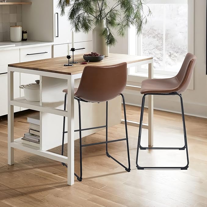 NicBex Retro Bar Stools Crazy-Horse Leather with Metal Legs Barstools, Lounge Kitchen Island Bar Stools, Set of 2, (Walnut Color) (A-GE17021-USSU014) - LeafyLoom