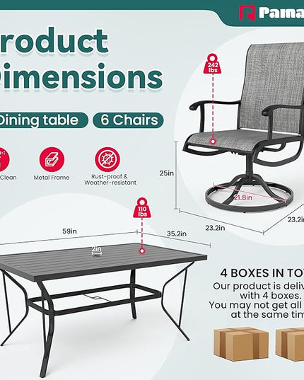 Pamapic 7 Pieces Patio Dining Set, Outdoor Dining Set All-Weather for Backyard Poolside Garden Deck, Modern Outdoor Table and Chairs Set with 6 Textilene Swivel Chairs,Gray - LeafyLoom