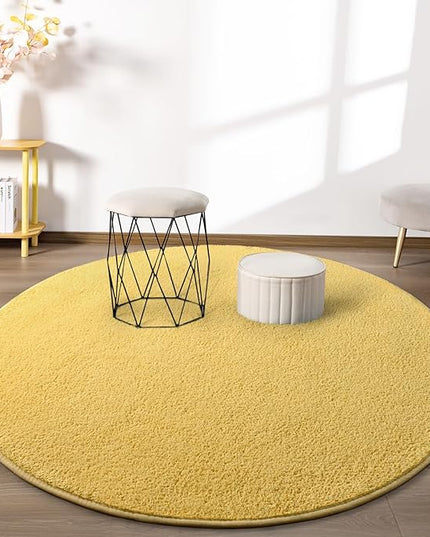 Round Area Rugs for Bedroom Living Room, 4x4 Yellow Super Soft Comfy Thickened Memory-Foam Indoor Circle Carpets, Modern Aesthetic Minimalist Carpet for Boys Girls Adults Nursery Home Décor - LeafyLoom