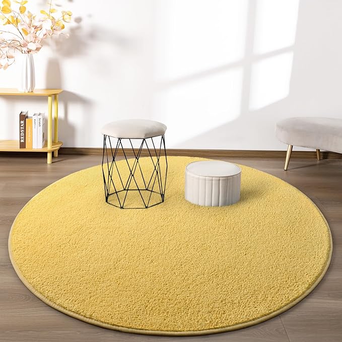 Round Area Rugs for Bedroom Living Room, 4x4 Yellow Super Soft Comfy Thickened Memory-Foam Indoor Circle Carpets, Modern Aesthetic Minimalist Carpet for Boys Girls Adults Nursery Home Décor - LeafyLoom