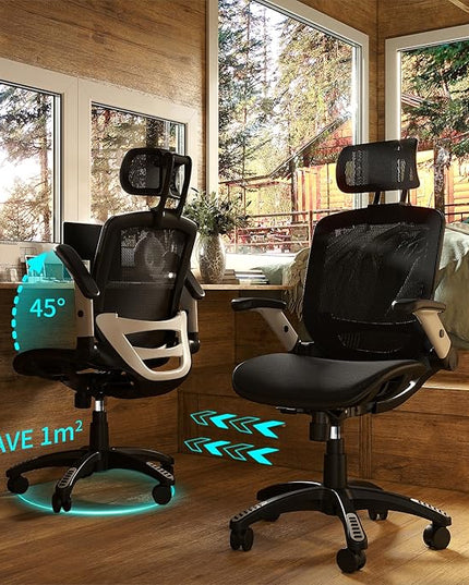 GABRYLLY Ergonomic Mesh Office Chair, High Back Desk Chair - Adjustable Headrest with Flip-Up Arms, Tilt Function, Lumbar Support and PU Wheels, Swivel Computer Task Chair - LeafyLoom