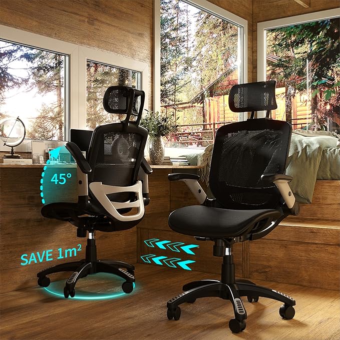 GABRYLLY Ergonomic Mesh Office Chair, High Back Desk Chair - Adjustable Headrest with Flip-Up Arms, Tilt Function, Lumbar Support and PU Wheels, Swivel Computer Task Chair - LeafyLoom